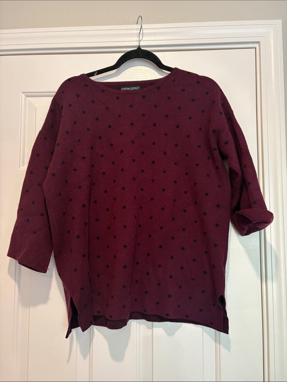 Cynthia Rowley Plum Crewneck Sweater with Black Polka Dots 1x